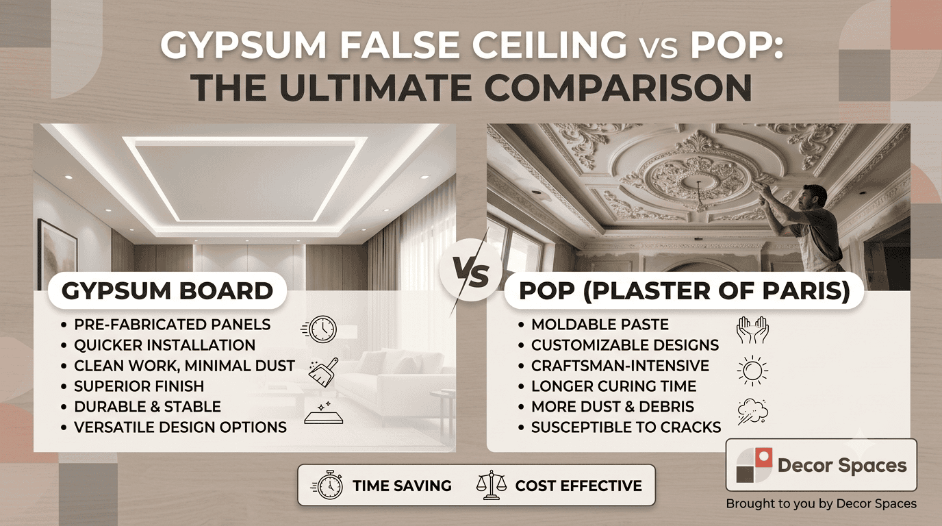 Gypsum false ceiling vs POP ceiling comparison