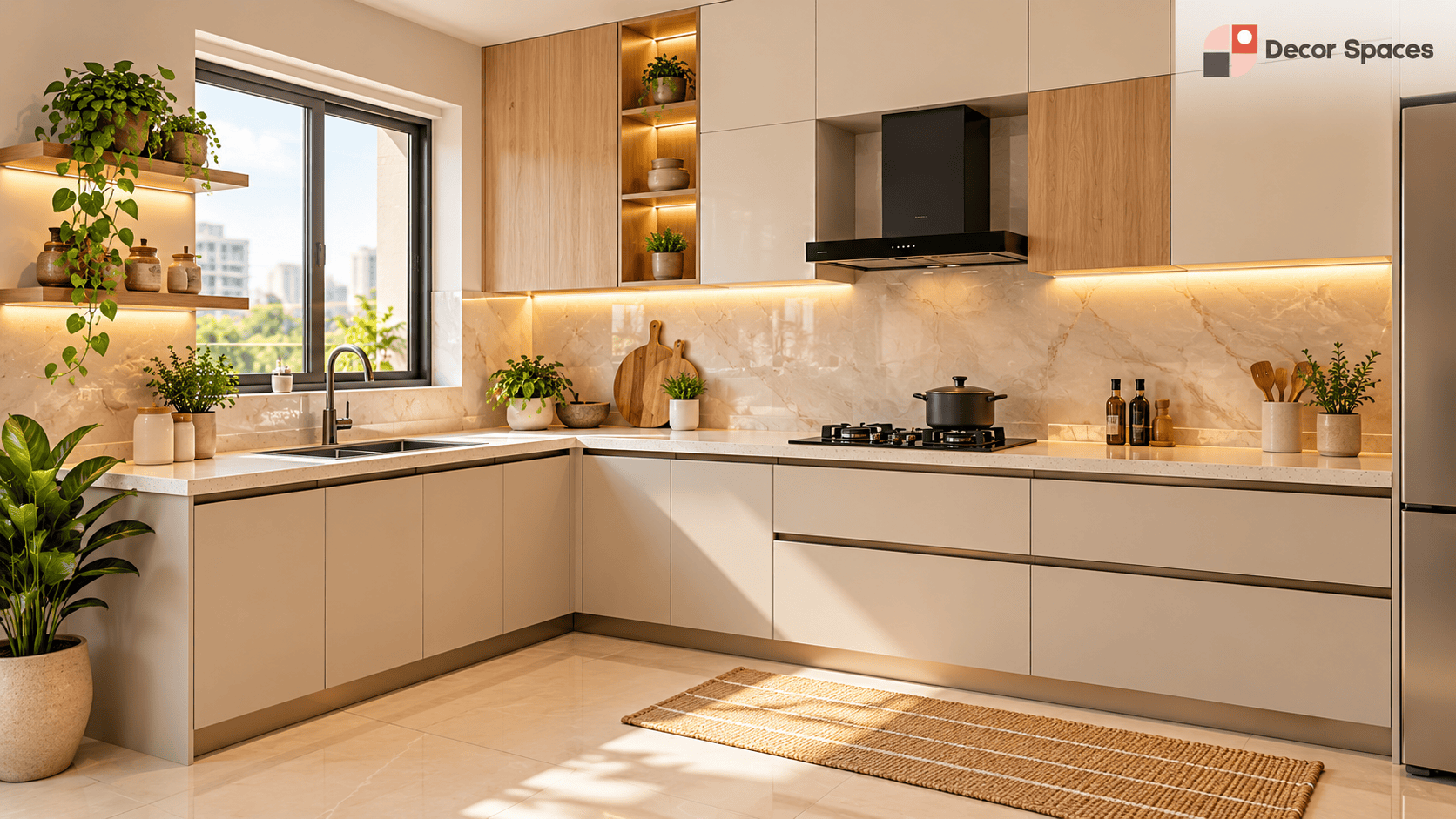 Modern L shaped kitchen design with efficient storage by Decor Spaces