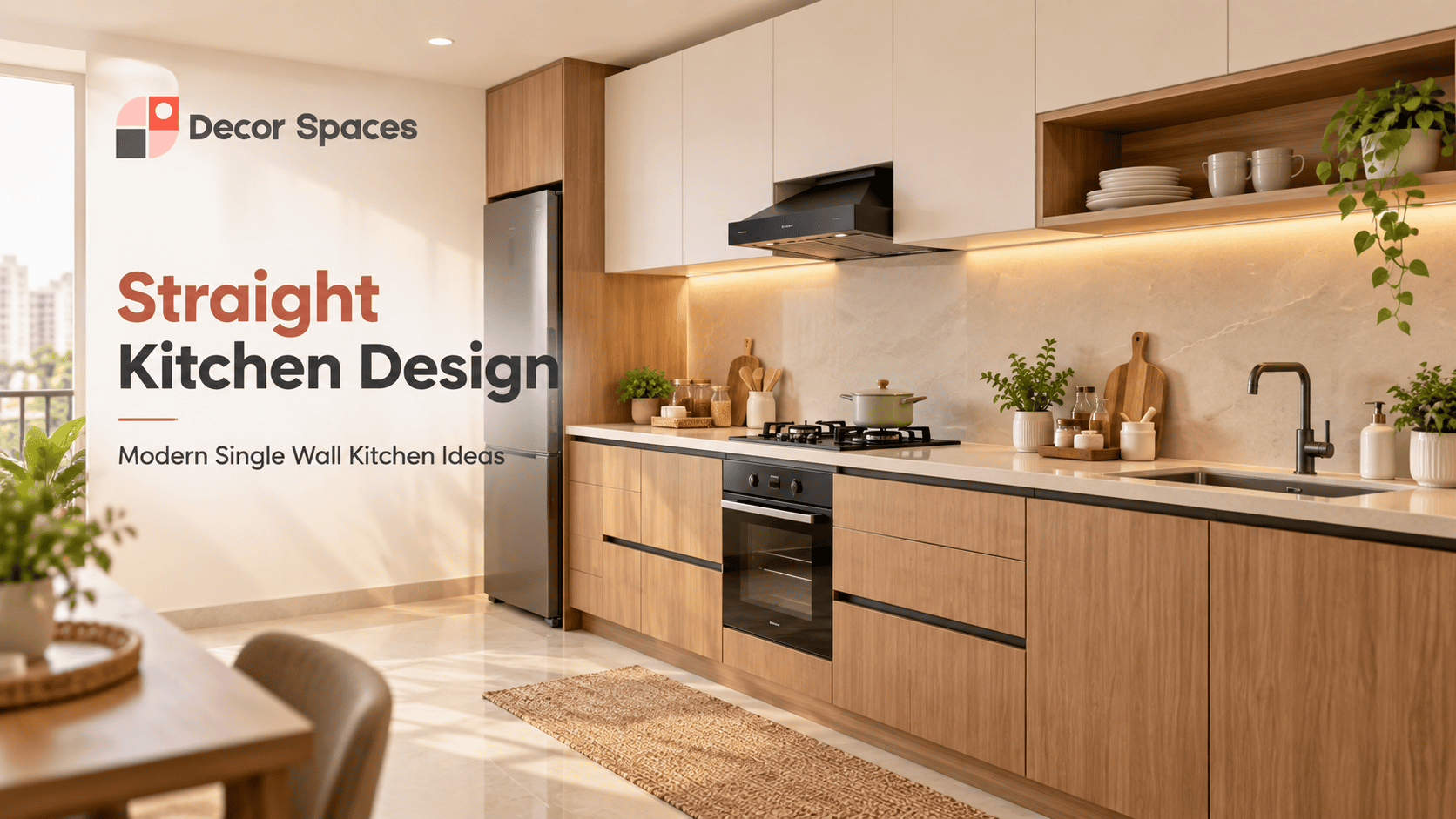 Straight kitchen design with modern single wall layout by Decor Spaces