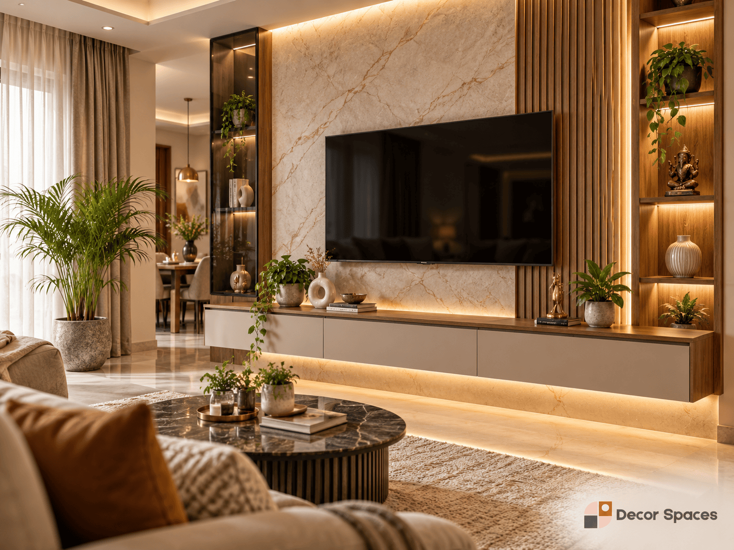 TV unit interior design in Chennai with a balanced media wall and closed storage