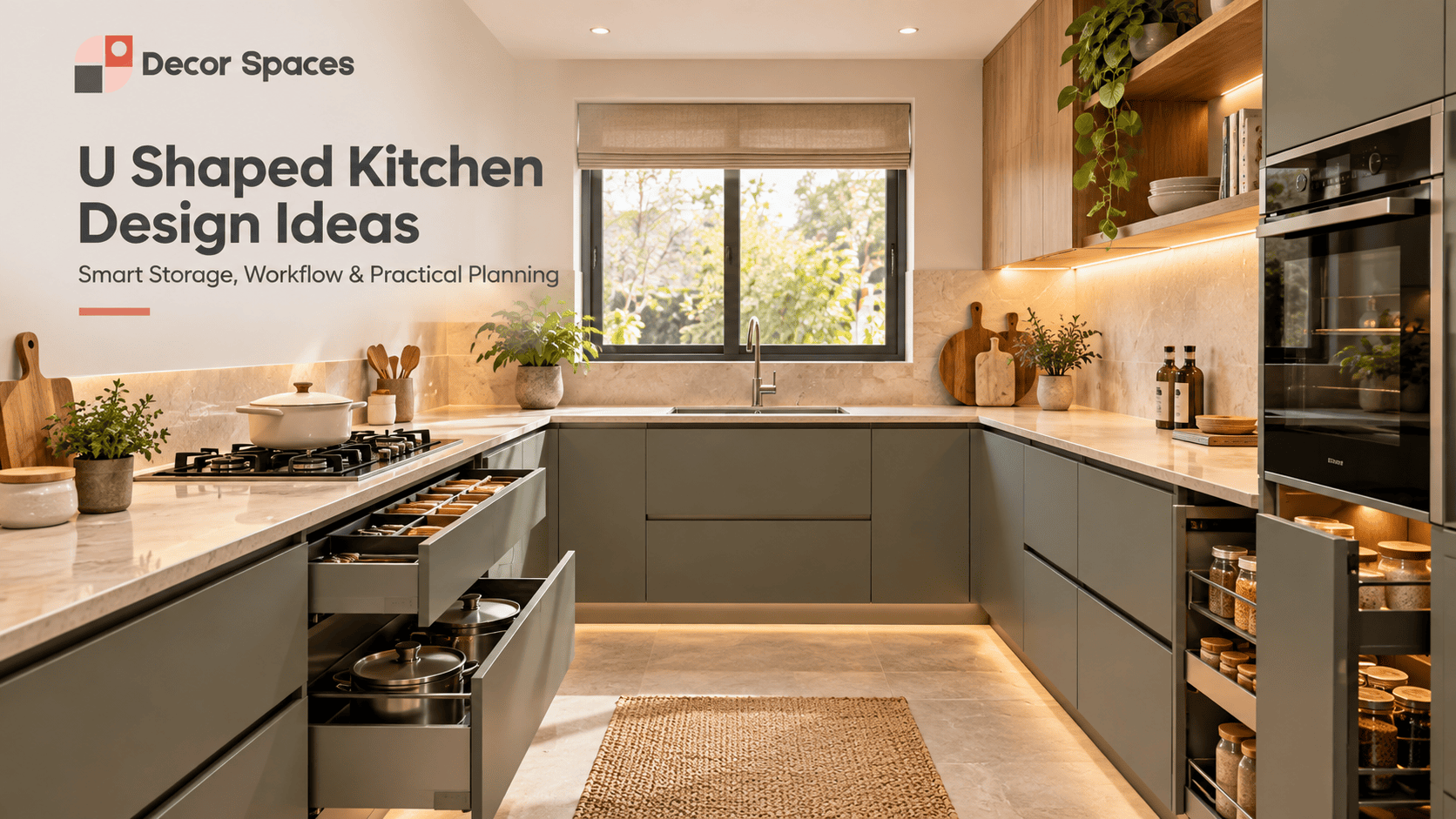 Modern U shaped kitchen design with storage and appliance planning by Decor Spaces