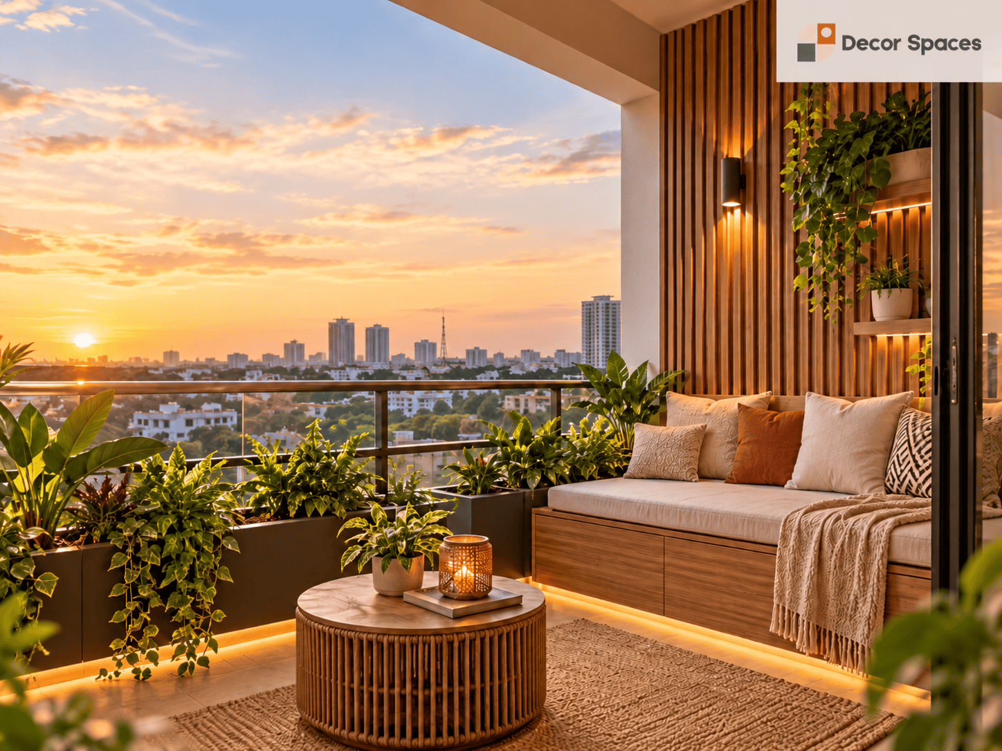 Wood-accented apartment balcony with cushioned built-in seating – balcony interior design in Chennai by Decor Spaces