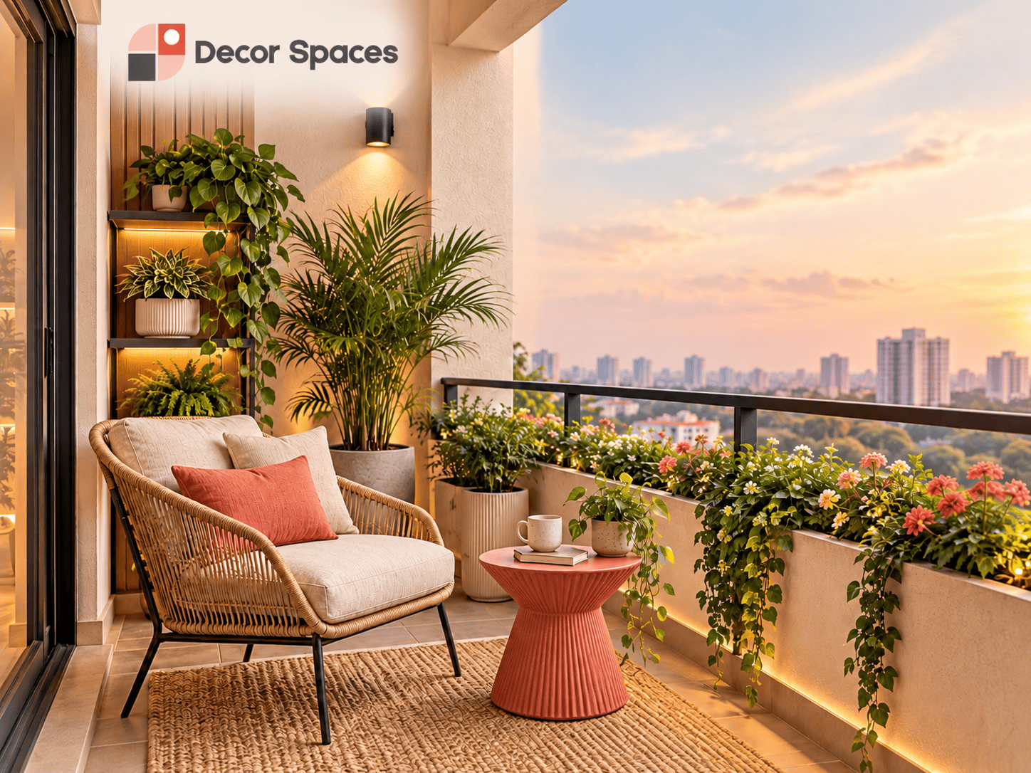 Compact balcony seating area with plants and soft evening lighting – balcony interior design in Chennai by Decor Spaces
