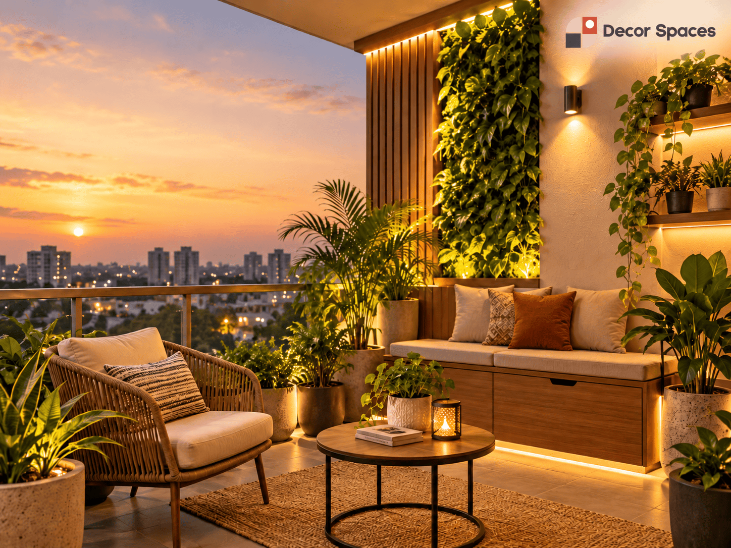 Sunset balcony garden with storage seating and vertical greenery – balcony interior design in Chennai by Decor Spaces