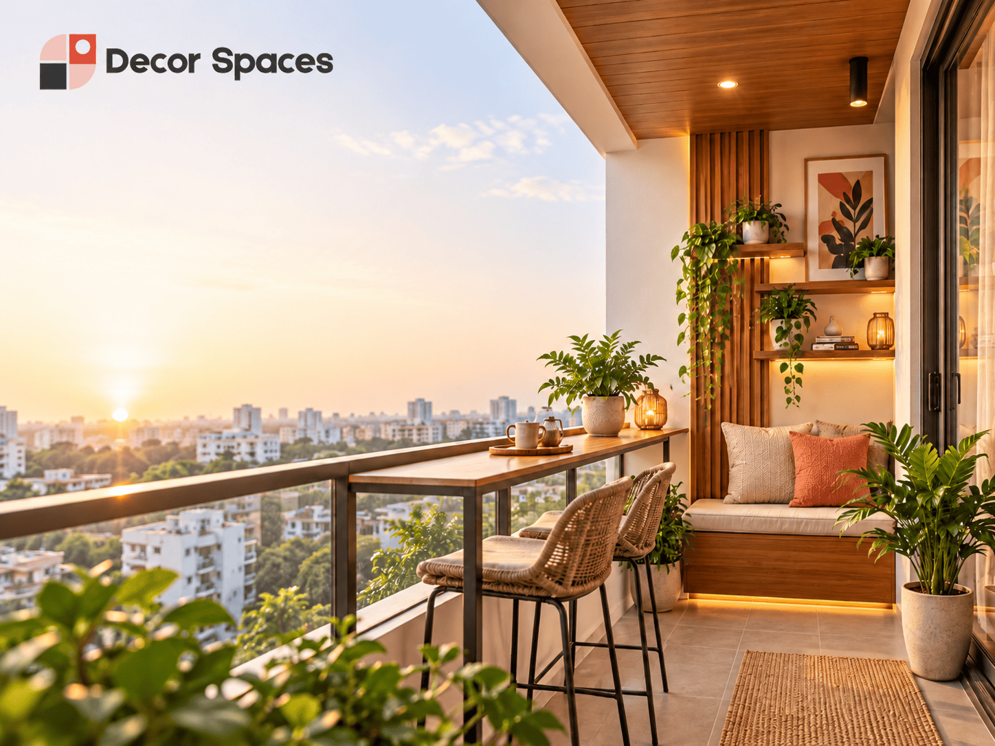 Apartment balcony with breakfast ledge and compact stool seating – balcony interior design in Chennai by Decor Spaces