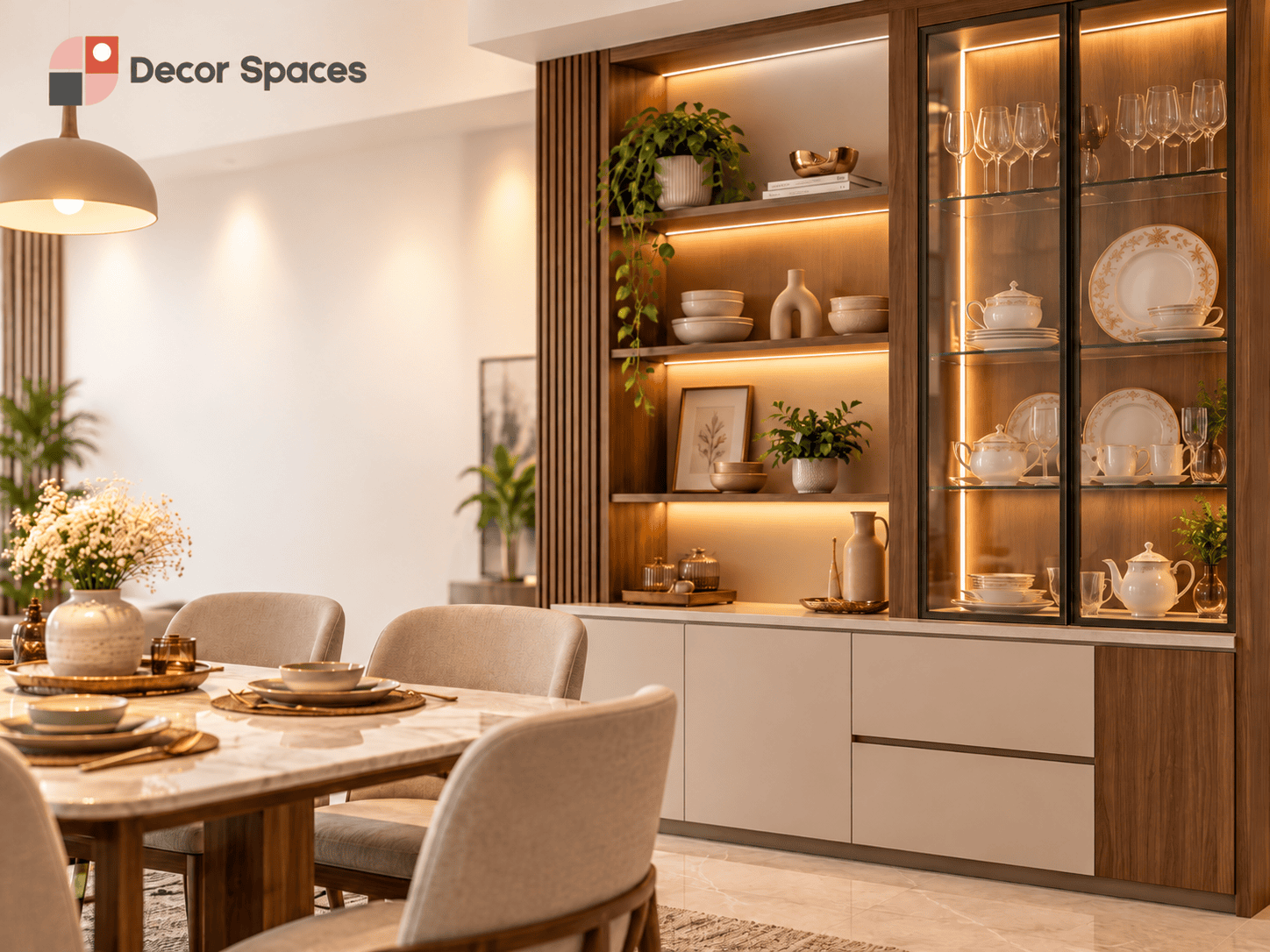 Compact crockery unit combining open shelves, glass display shutters and concealed storage
