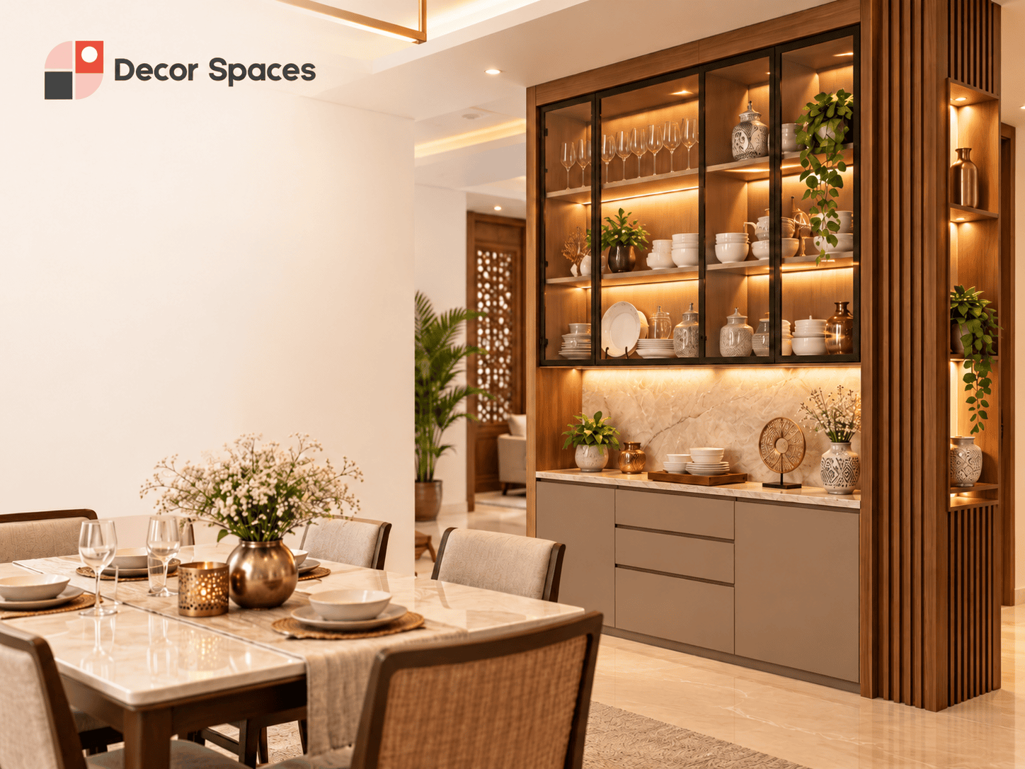 Crockery unit with open display niche, glass-front cabinetry and integrated warm lighting