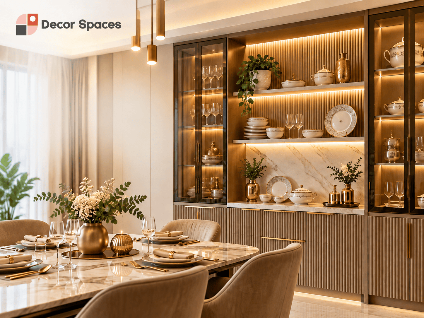 Fluted crockery unit with illuminated glass cabinets and elegant lower storage