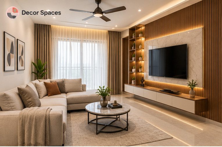 Modern Chennai apartment living room TV wall and dining interior concept by Decor Spaces