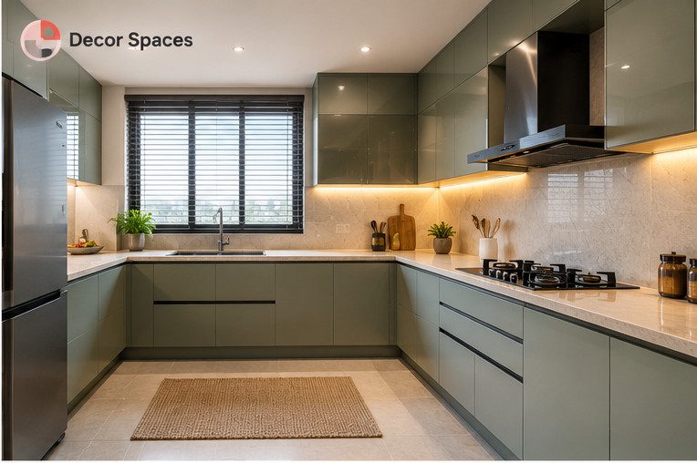 Contemporary Chennai apartment modular kitchen sage green cabinetry concept by Decor Spaces
