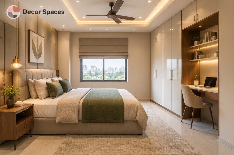 Chennai apartment bedroom wardrobe and workspace interior concept by Decor Spaces