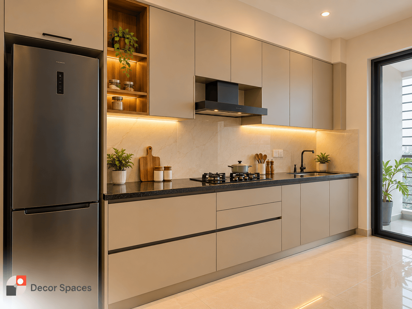 Compact straight kitchen in warm matte laminate with efficient one-wall cabinet planning