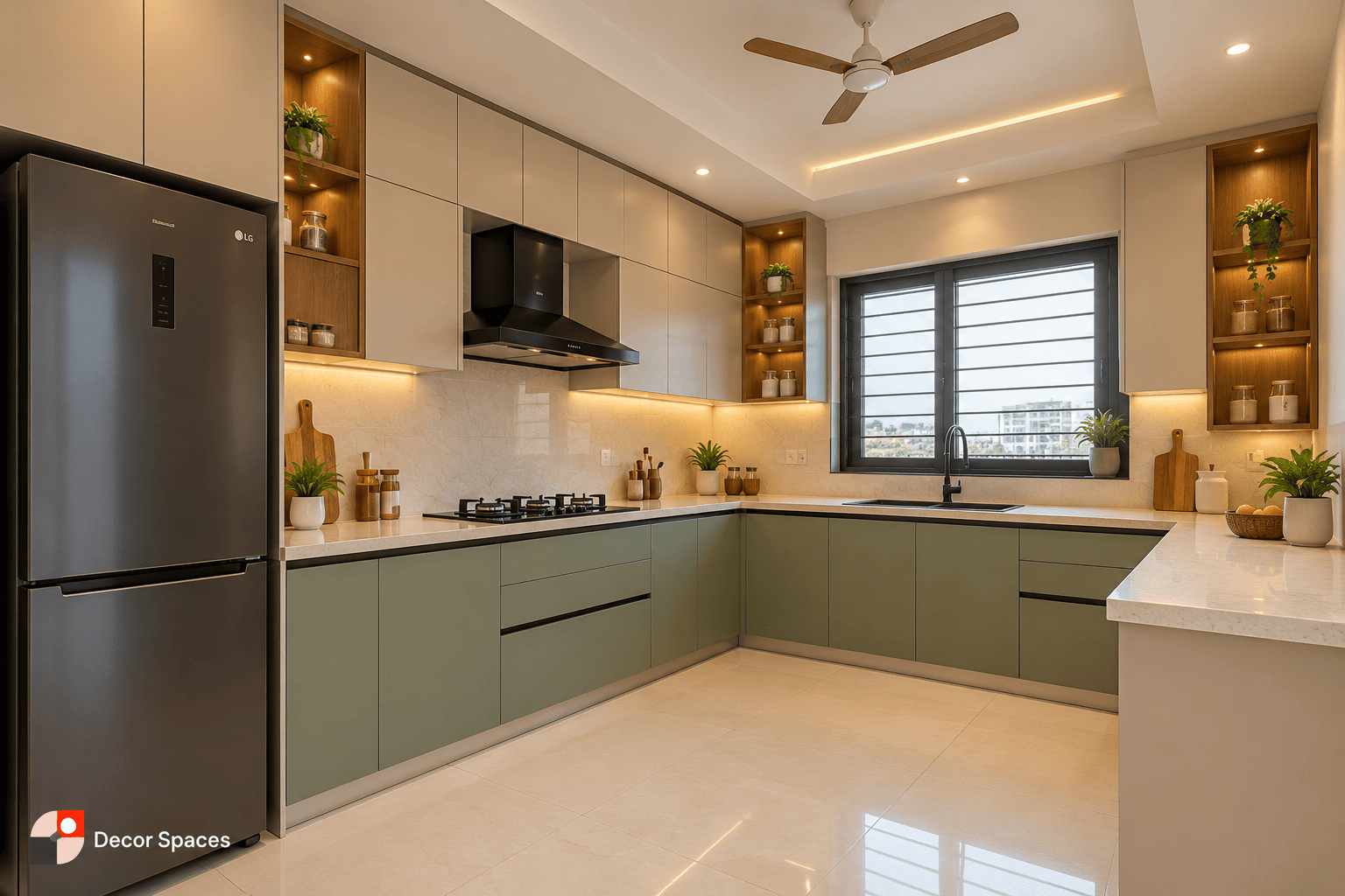 L-shaped modular kitchen with sage base cabinets, light counters and practical corner use