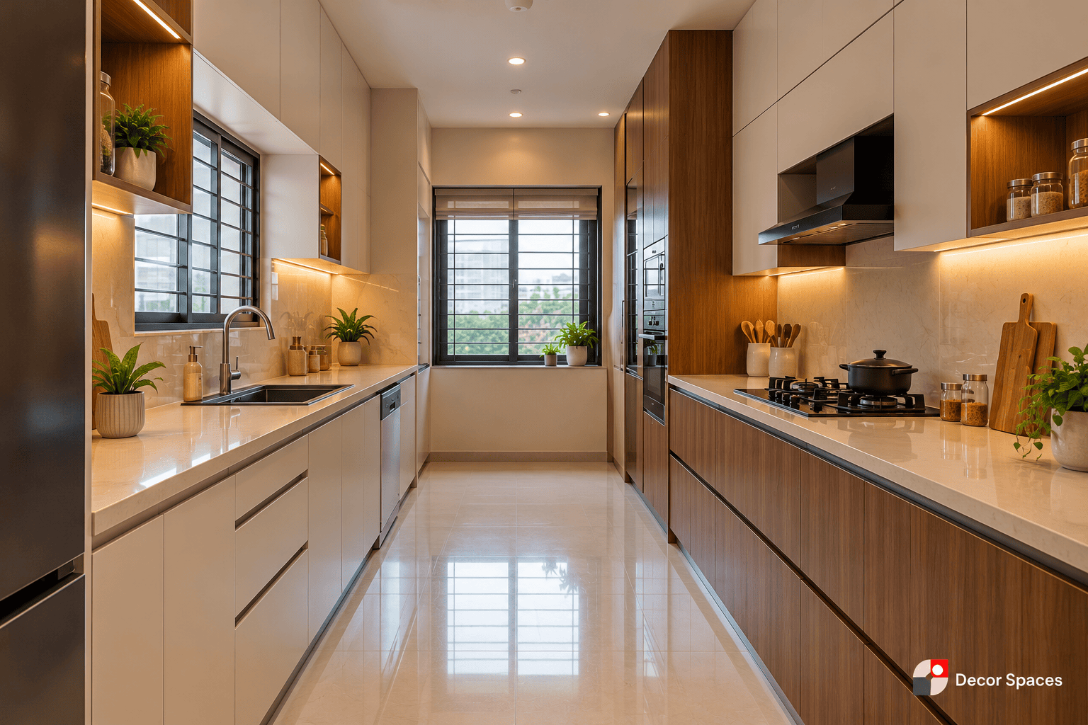 Parallel modular kitchen with two facing countertop runs and clear central movement space