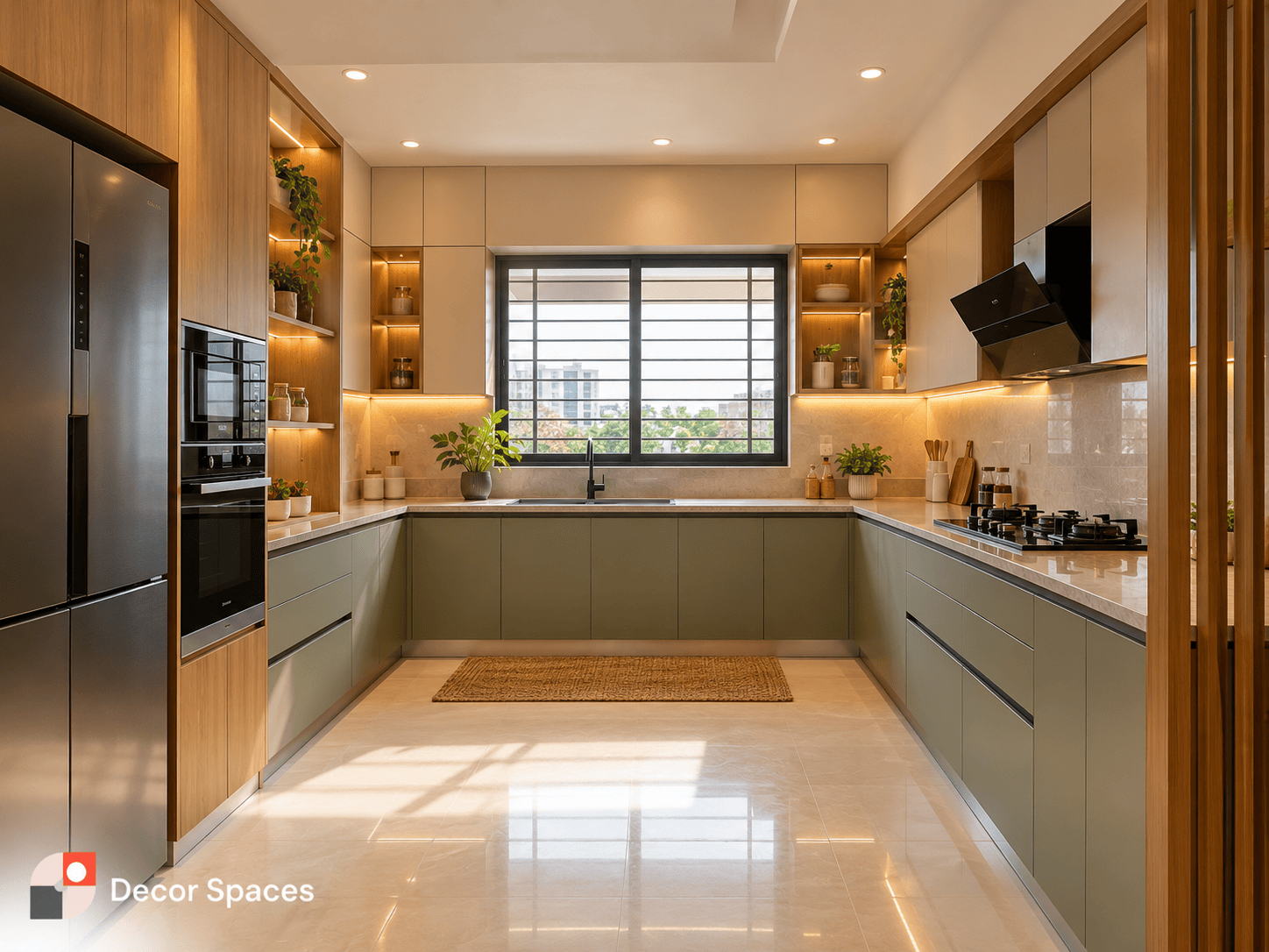 U-shaped modular kitchen with three-sided storage and a practical central aisle