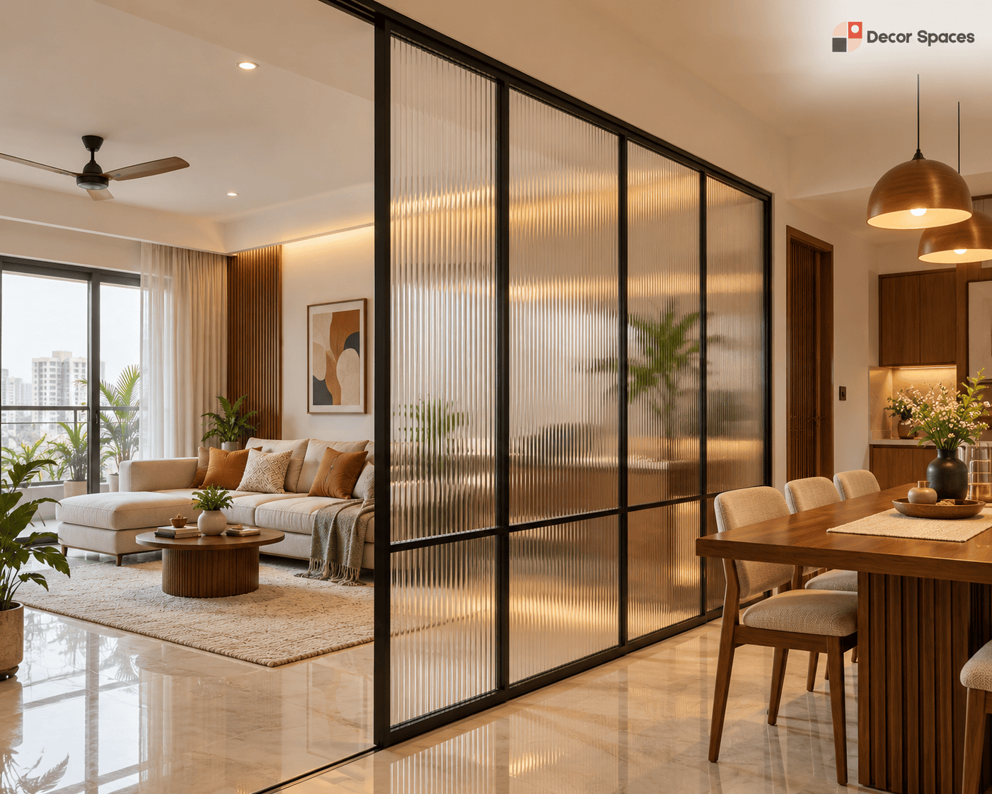 Black metal framed fluted glass room partition design in Chennai for modern apartment