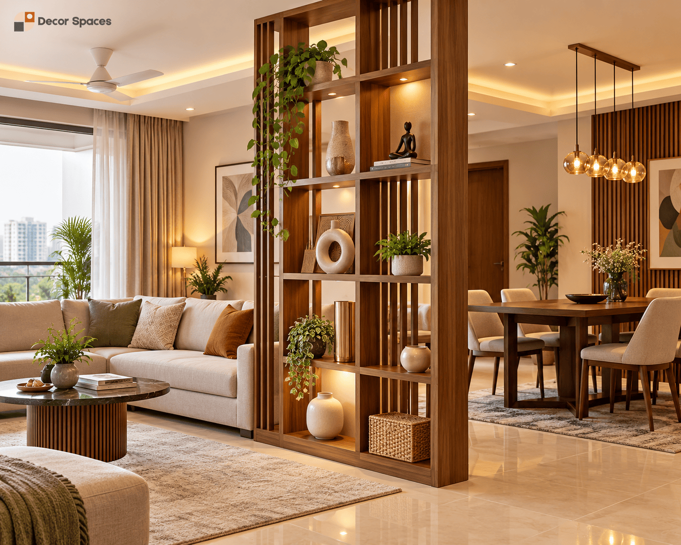 Open shelving wooden room partition design in Chennai for living and dining spaces