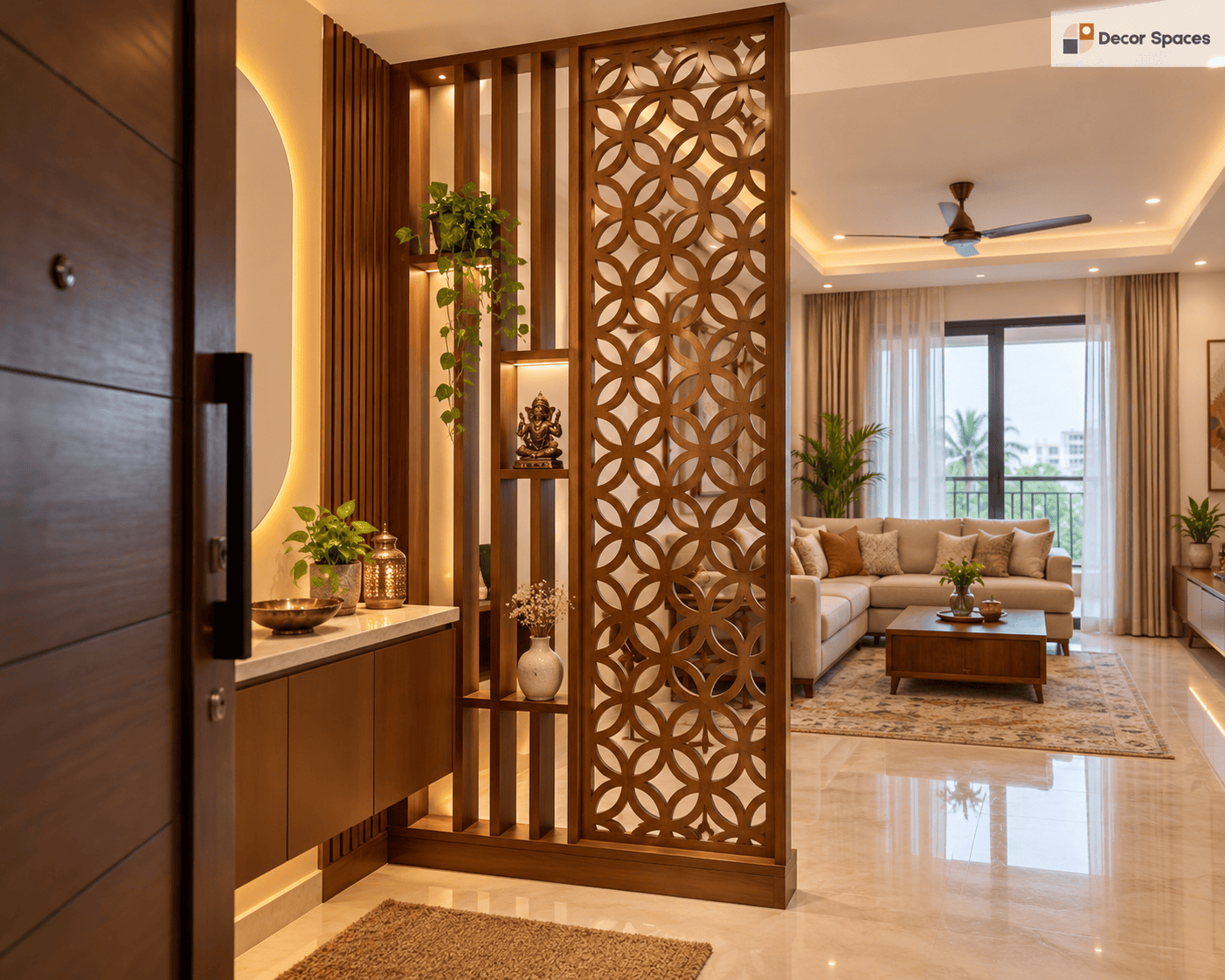 Foyer room partition design in Chennai with decorative wooden jali screen