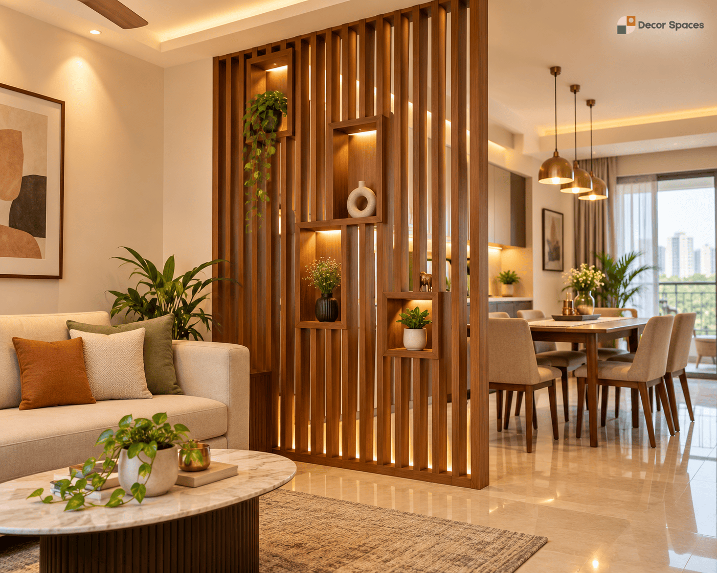 Wooden slat room partition design in Chennai separating a contemporary living and dining room
