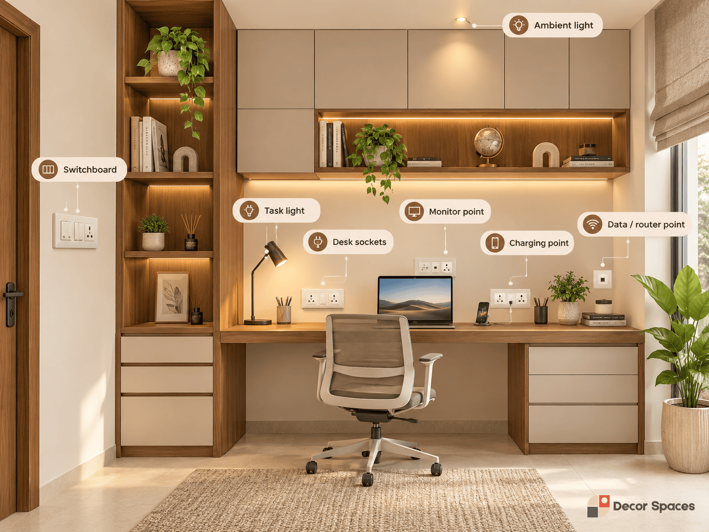 Study room interior design with visible desk electrical planning, task lighting, sockets, charging points and data connections