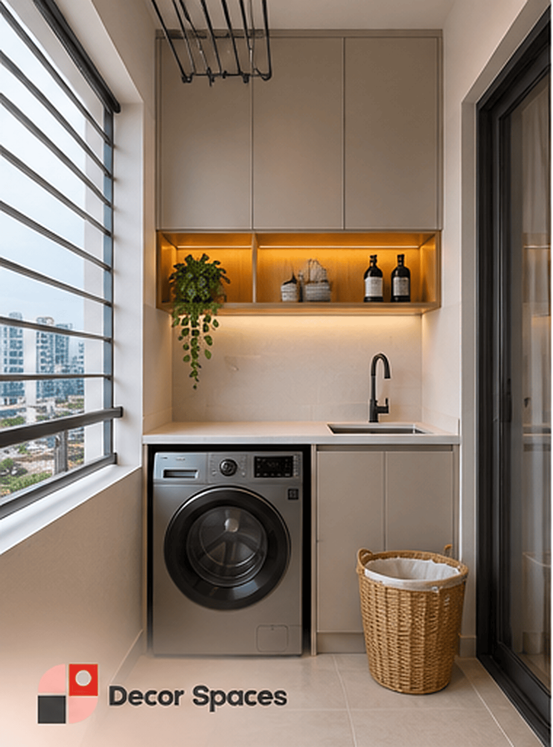 Utility area design in Chennai – compact washing machine, sink and overhead storage