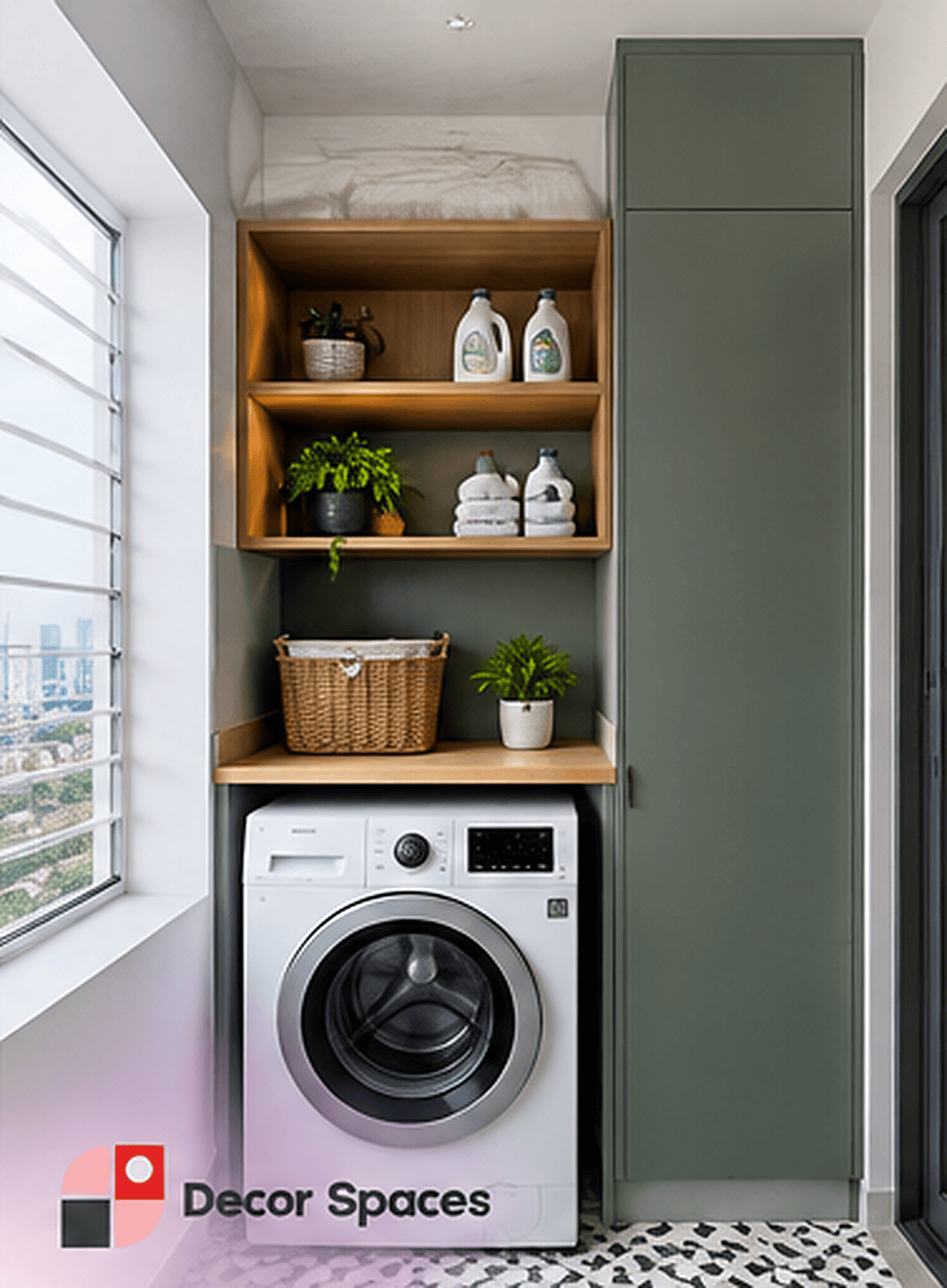 Utility area design in Chennai – washer, tall storage cupboard and open shelves