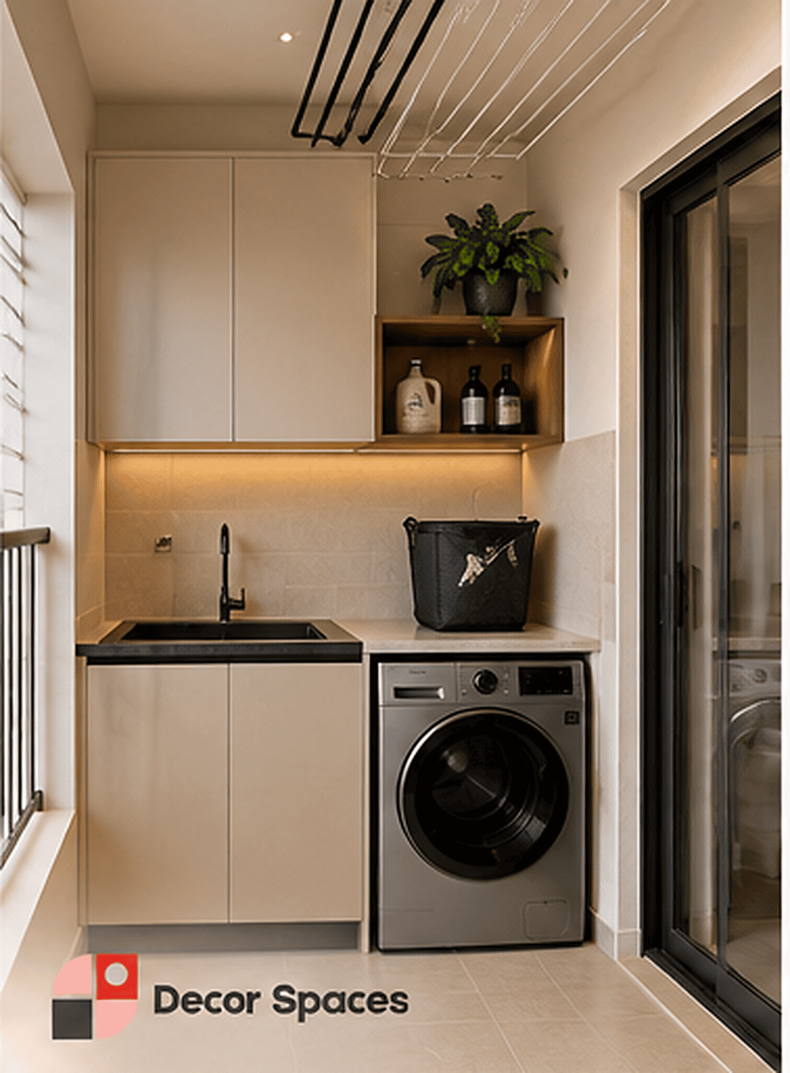 Utility area design in Chennai – laundry counter, sink and overhead cabinets