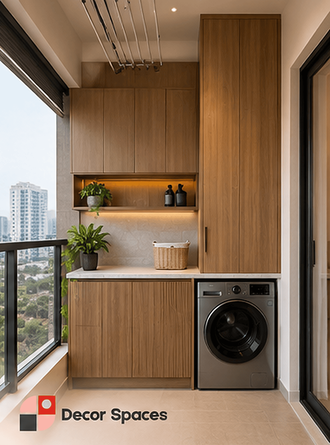 Utility area design in Chennai – warm wood utility storage with integrated washing machine