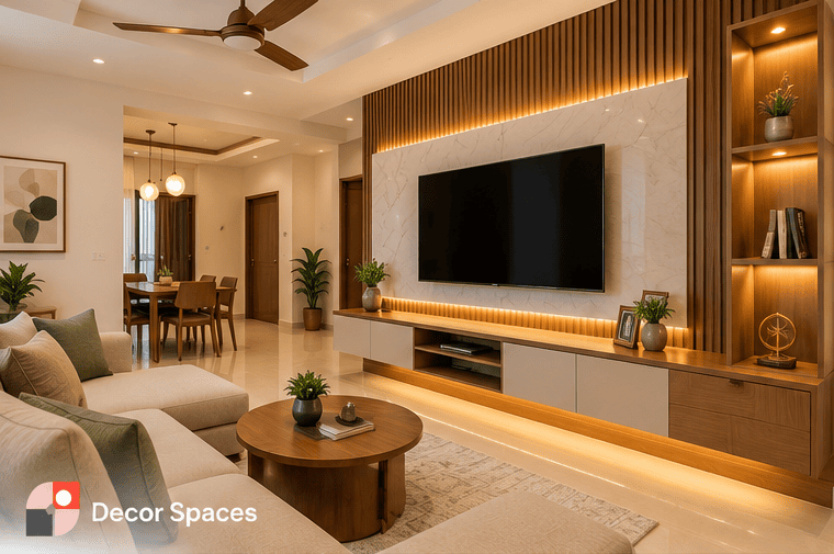 Wooden fluted TV wall panelling with illuminated niches and low media cabinet