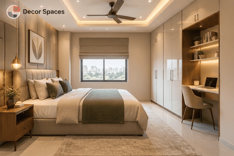 Bedroom accent wall with upholstered panels and coordinated wardrobe finishes