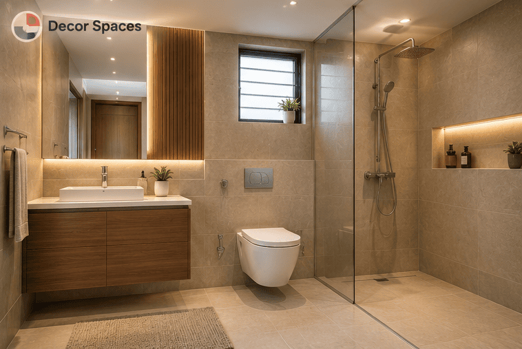 Bathroom vanity accent with vertical slatted detail and moisture-safe tiled surfaces