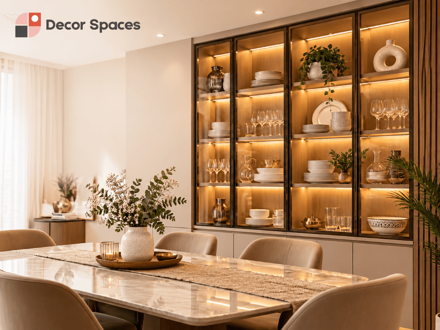 Full-height glass crockery display cabinet with warm LED lighting and closed base storage